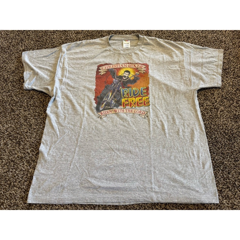 Vintage 90s Christian Biker Ride Free T Shirt 2XL Gray Fruit of the Loom BEST